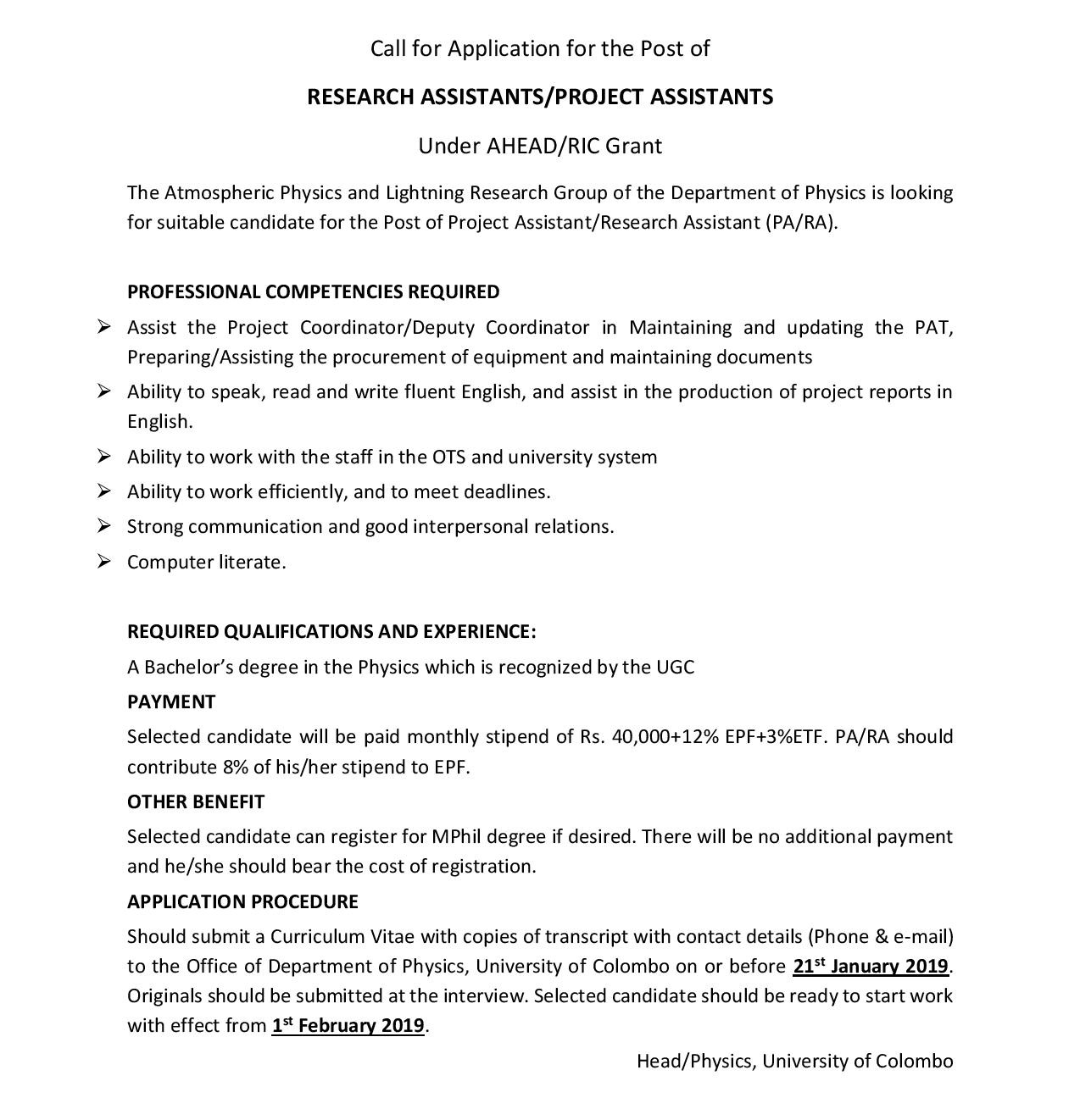 Research Assistant, Project Assistant - University of Colombo